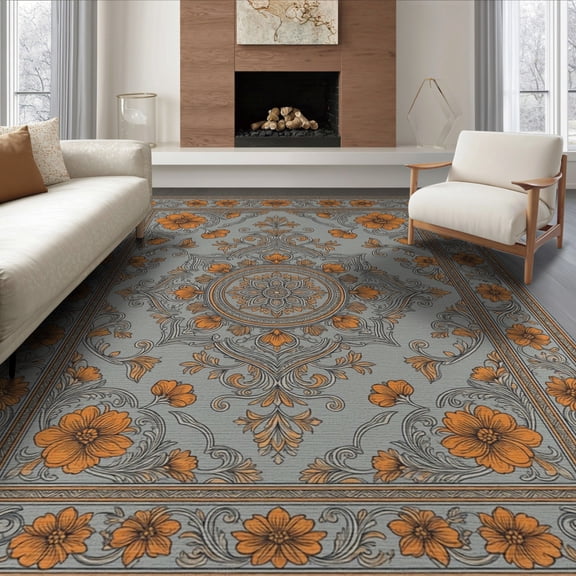 ODIKA 8'x10' Washable Area Rug Durable, Non-Slip Scroll Faded Field Distressed Border Southwestern Boho Vintage Refined for Living Room, Under Sectional, Family