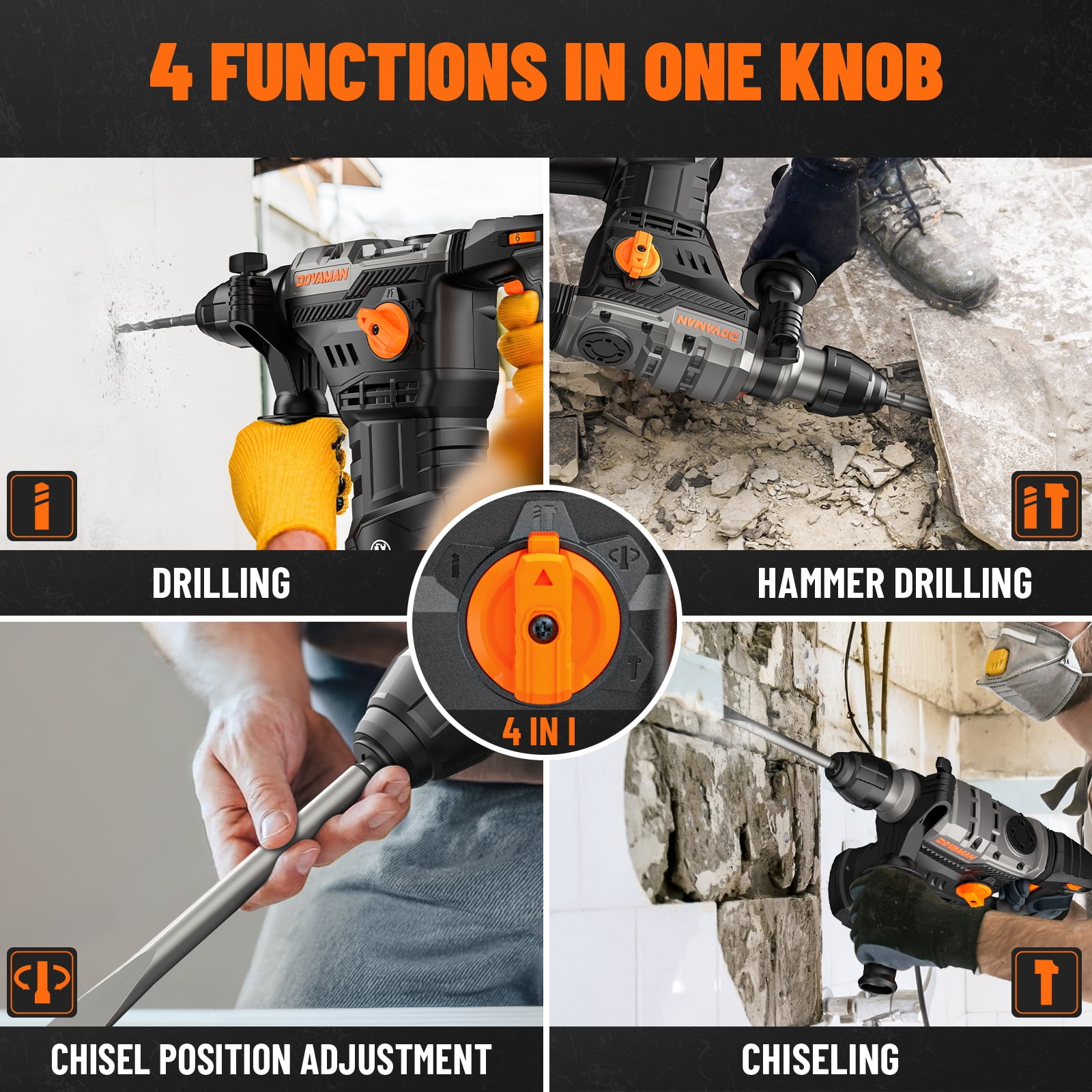 DOVAMAN 12.5 Amp 1-9/16" SDS-Plus Rotary Hammer Drill – 4 Modes, Safety Clutch, Vibration Control, Corded Demolition Hammer with Drill Bits & Chisels