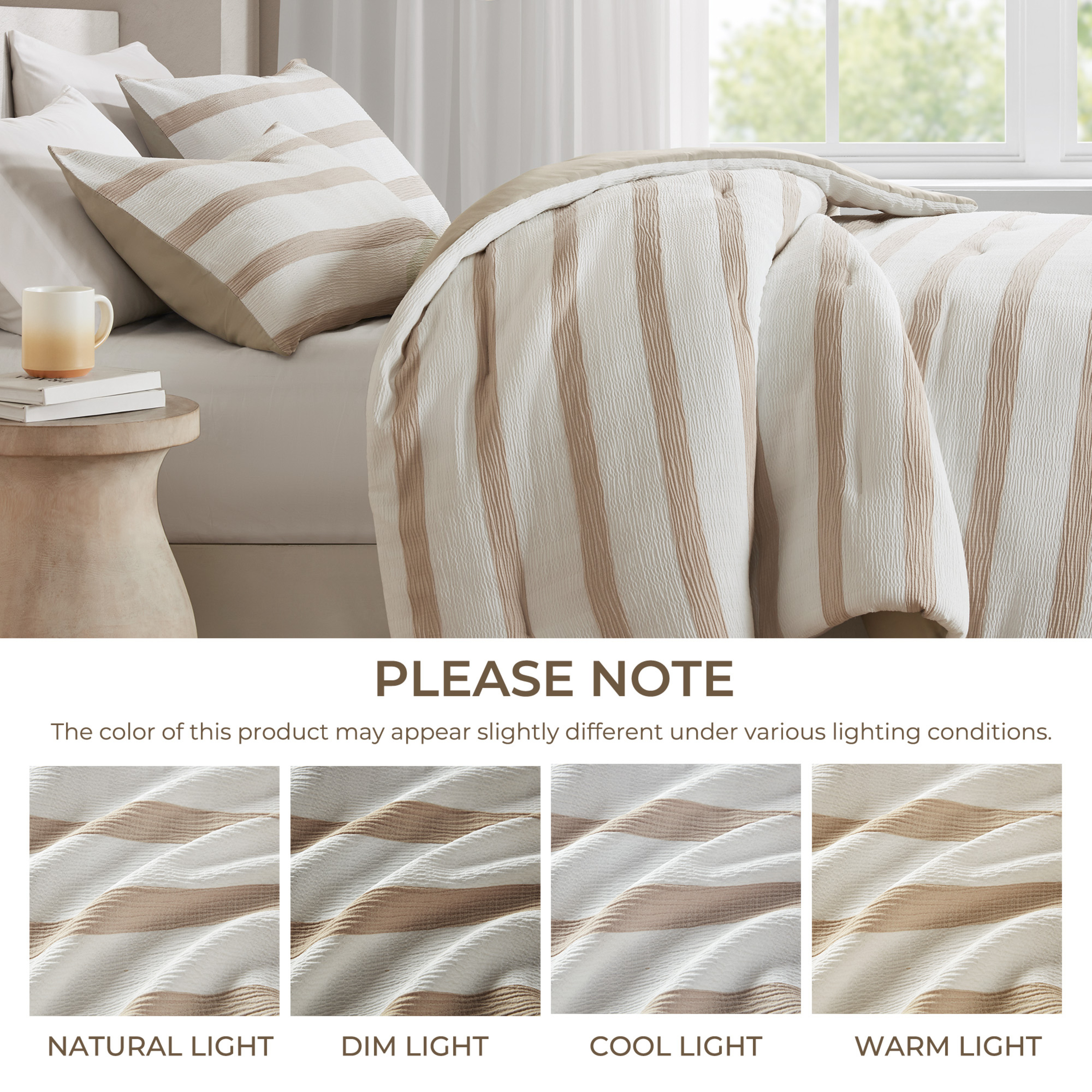 Regency Heights King/Cal King Comforter Set, Striped Texture Bedding Comforter Sets, 3 Pieces Tonal Stripes Woven Comforter with Pillow Sham, Taupe