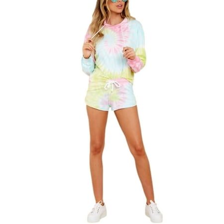 

Lazybaby Womens Tie Dye Printed Pajamas Set Long Sleeve Shirt Tops Pullover with Elastic Shorts Casual Lounge Wear Sleepwear Nightwear
