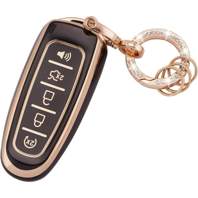 HAHDAXIA for Ford Key Fob Cover Soft TPU Full Protection Smart Key Case Shell with Bling Keychain Fit for Ford Edge Focus Flex Explorer Taurus Lincoln MKS MKT MKX 5 Buttons Key Case Holder (R