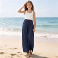 thumbnail image 2 of Posijego Teens Girls Wide Leg Pants Drawstring High Waisted Cotton Linen Pants Summer Beach Vacation Palazzo Pants with Pockets, 2 of 9