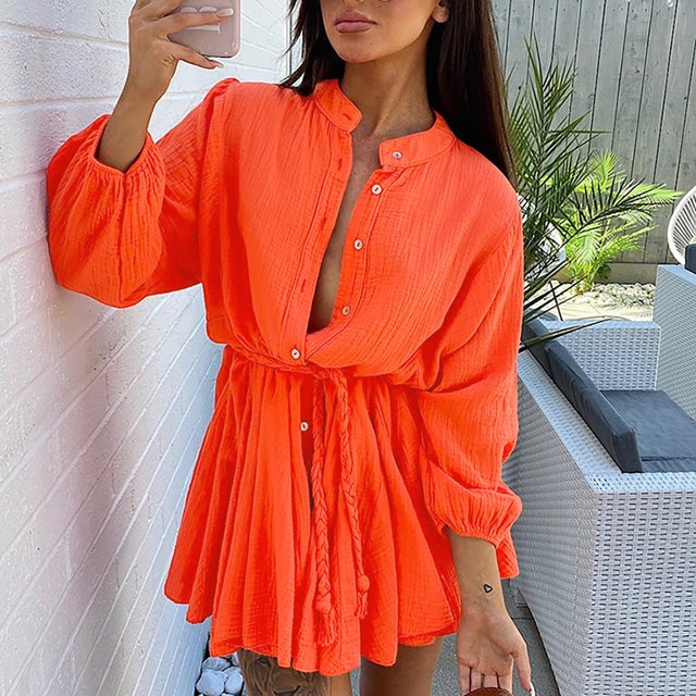 WILLBEST Robes pour Femmes Robes Décontractées à Volants avec Cordon Manches Longues Évasées Été Robe Mini Unie