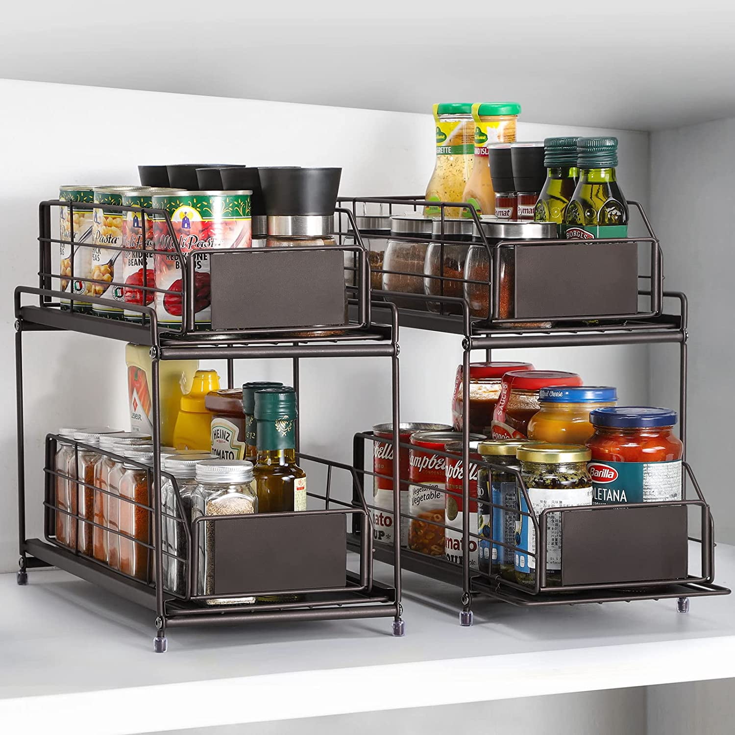 2-Tier Cabinet Storage Organizer Baskets with Sliding Drawer Set of 2, Brown