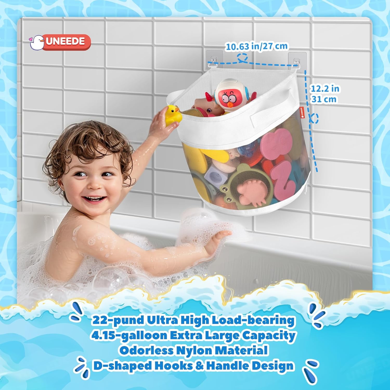 Bath Toy Organizer,4.15 Gallons Bathtub Toy Storage Organizer,Quick Access Bath Toy Holder For Bathtub,Baby Organizer And Storage,Quick Dry Baby Bath Toy Storage For Tub,Mesh Shower Caddy(Gray)