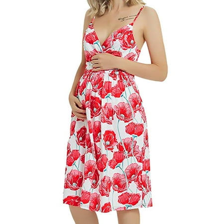 

CHMORA Summer Casual V-neck Sling Floral Print Mid-length Dress For Pregnant Women maternity clothes