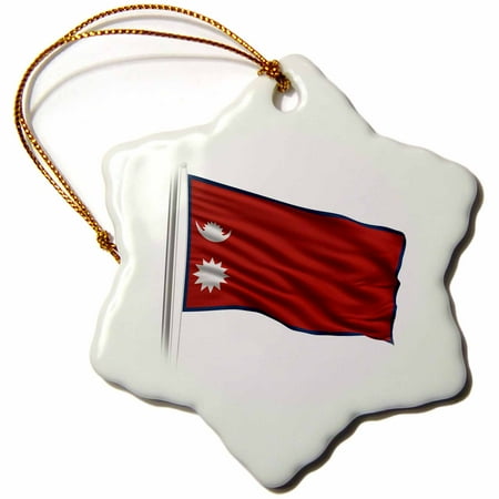3dRose Flag of Nepal on a flag pole over white Nepalese, Snowflake Ornament, Porcelain, 3-inch