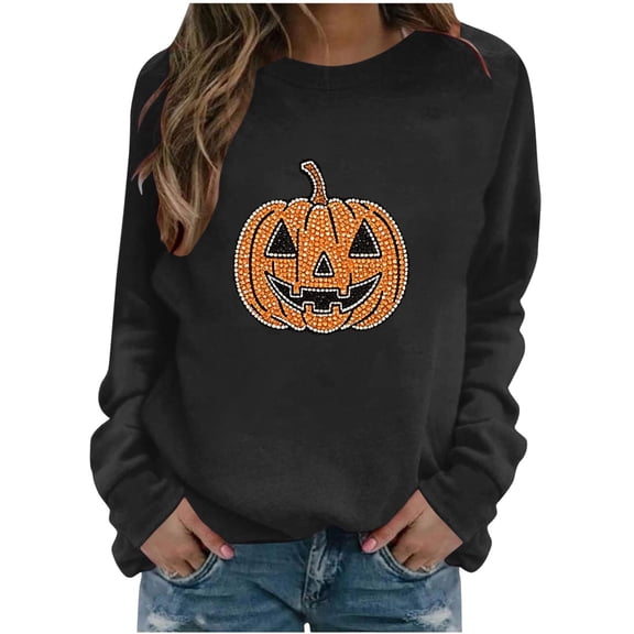 Fnooota Womens Halloween Sweatshirts, Rhinestone Graphic Pullover Fashion Long Sleeve Halloween Tops Black Size S-2XL