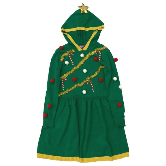 Girls Green Knit Blinged Out Tinsel Christmas Tree Hoodie Holiday Dress S (6-6X)