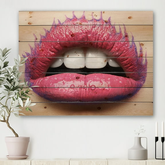 Designart 'Beautiful Woman Lips With Pink Lipstick' Modern Print on Natural Pine Wood