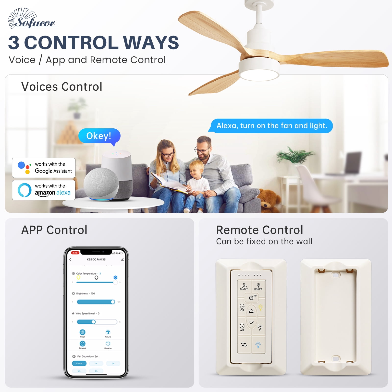 Sofucor 48 Inch Smart Ceiling Fan with Lights and Remote/APP Control, Compatible with Alexa/Google, 3 Blade White Solid Wood