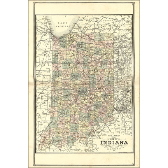 24"x36" Gallery Poster, Map of Indiana 1885