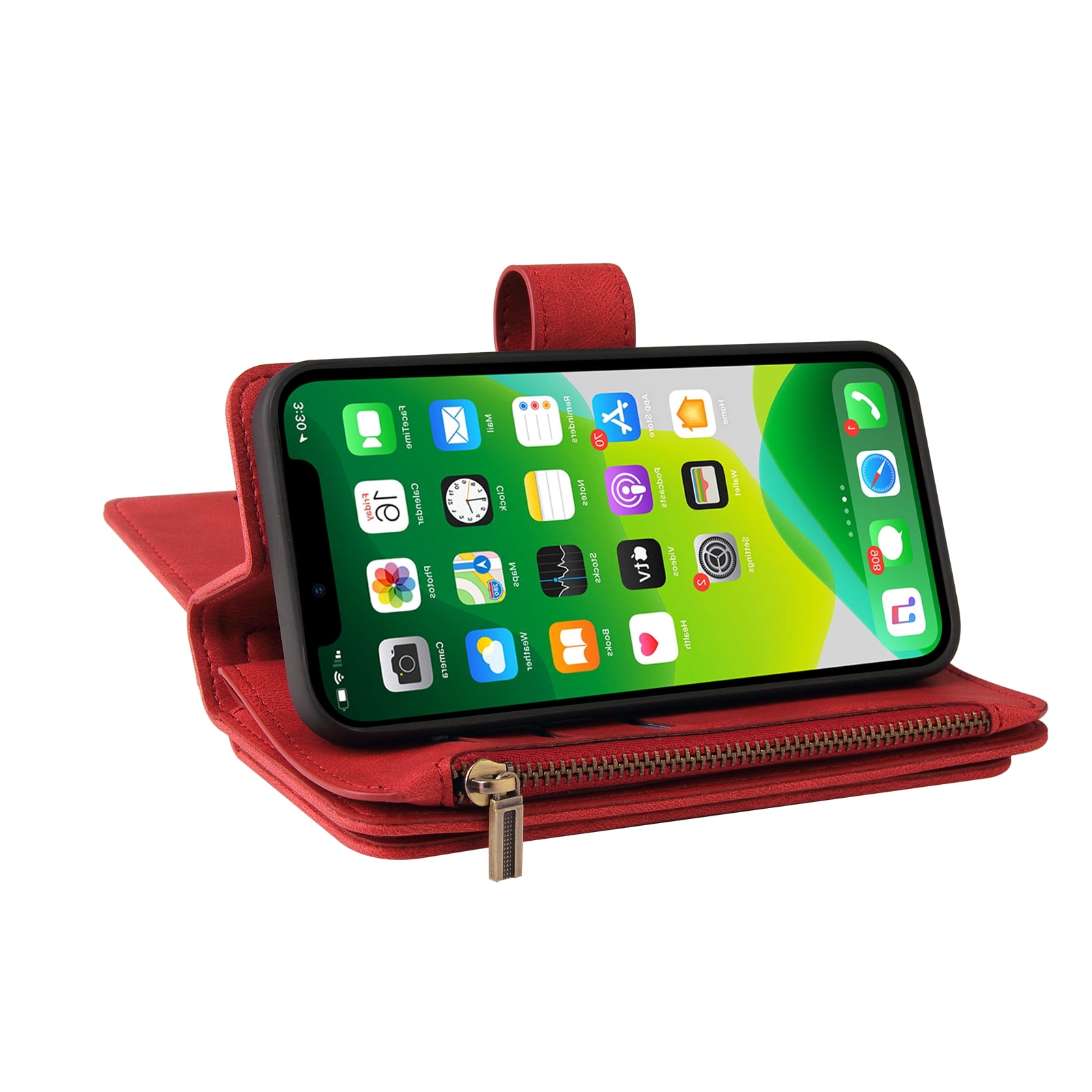 Wallet Case for iPhone 13, Magnetic Zipper Pouch Premium PU Leather with Kickstand Wallet Flip Shockproof Phone Case Wrist Strap Card Slots Holder Pocket iPhone 13,
Red
