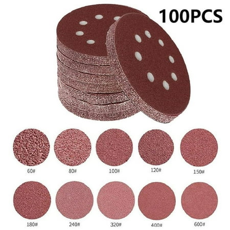 Hiziwimi 100 Pieces 5 Inch with 8 Holes Dustless Hook-and-Loop Circular Sanding Discs Sandpaper Assorted from 60 to 600 Grits