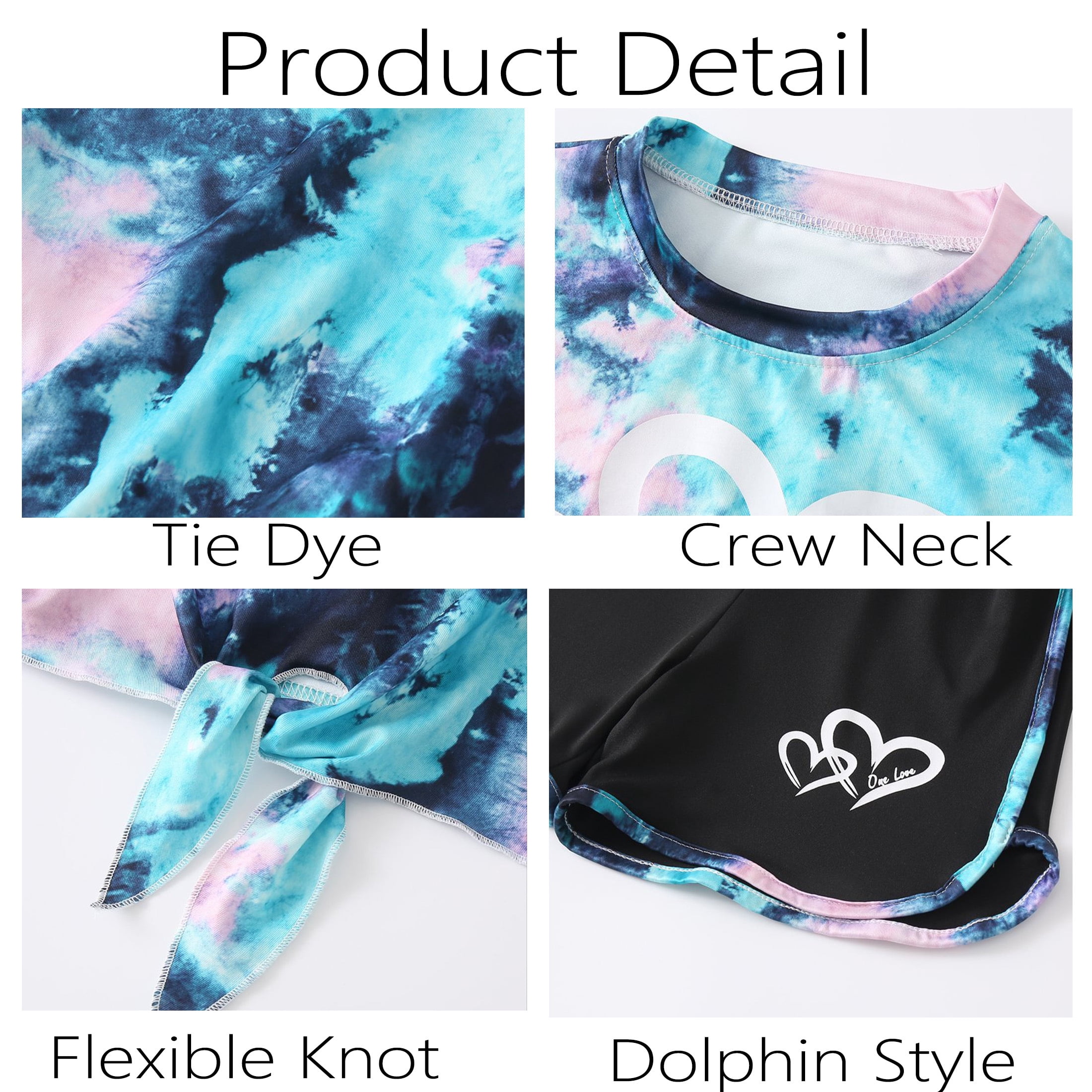 Jolyshlid Girls Summer Outfits 6 Piece Set Tie Dye Heart Print Short Sleeve Tops and Shorts Set Casual Clothing for Kids,Red Light Green Blue,5-6 Years