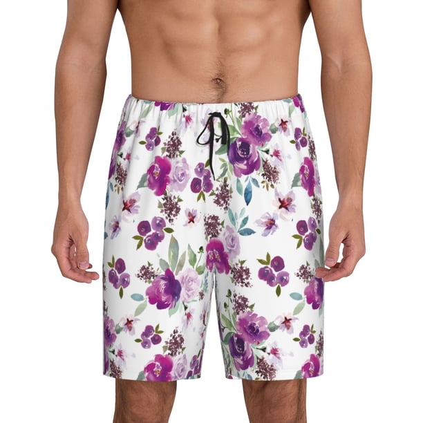 Balery Violets Flowers Pantalones cortos de pijama de punto de algodón para hombre con cinturilla y bolsillos-Medium