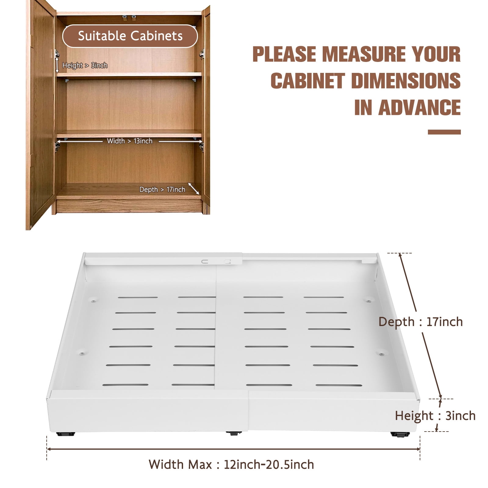Expandable Pull-Out Cabinet Organizer with Adhesive Nano Film Fixed Slide out Drawers Under Sink Pull-Out Home Organizers Adjustable Length 12.5"-20.5" for Kitchen Cabinets(White)