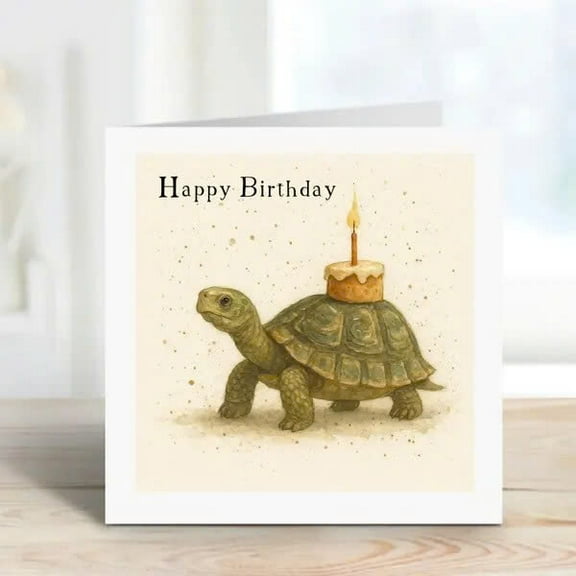 Happy Birthday Card Featuring Adorable Turtle with Cake and Candle – Blank Inside, Envelope Included – Perfect for Friends and Family Birthdays