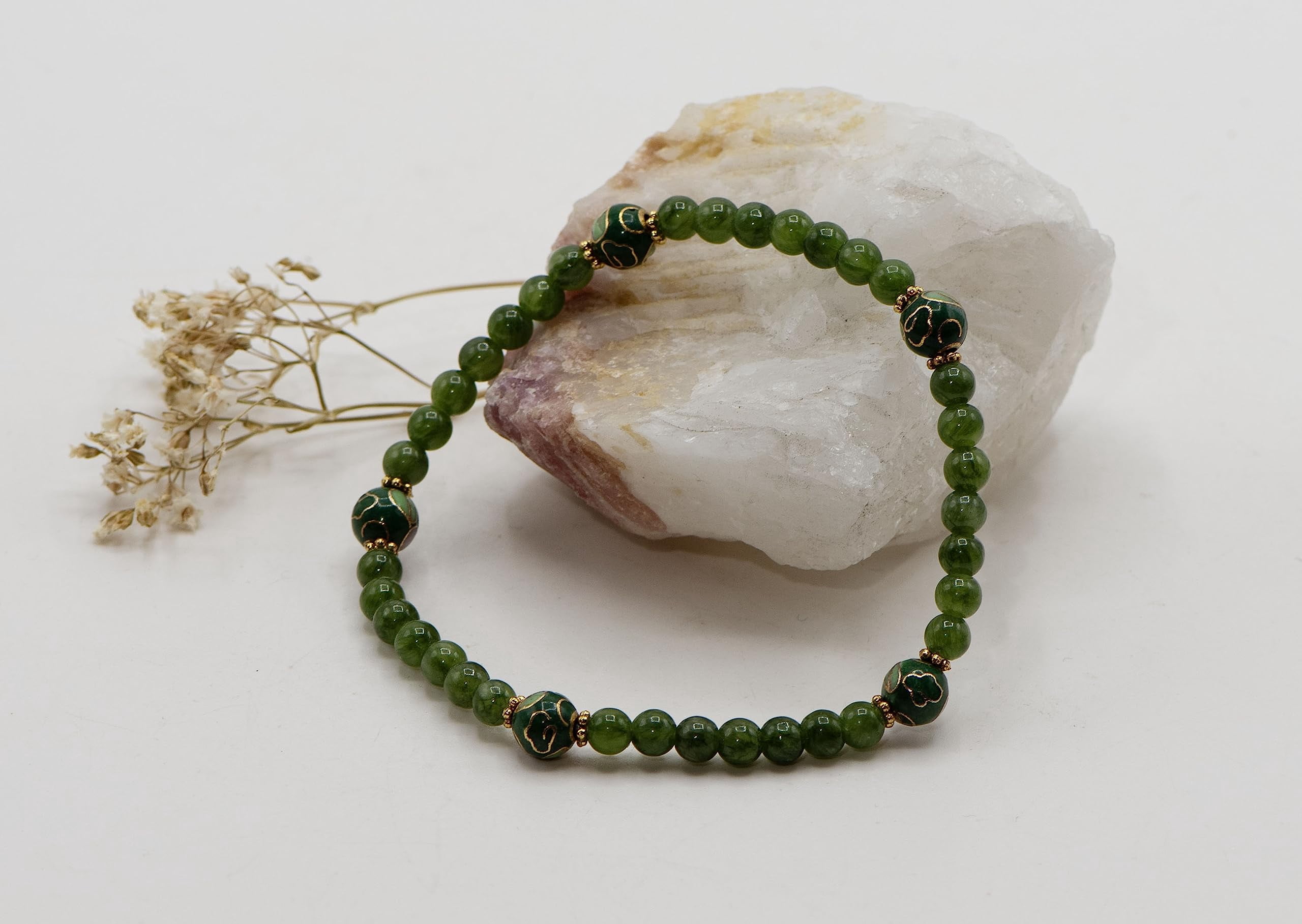 LTC Designs 4mm Round Dyed Nephrite Jade Stretch Bracelet with Green Cloisonne Floral and 14k Gold-plated Sterling Silver Accents, 7" for Men and Women, Trending Stackable Jewelry
