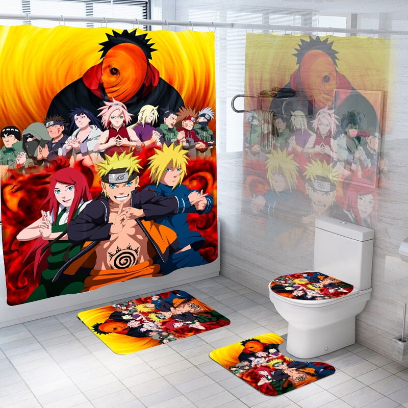 Naruto0 Shower Curtain Bath Mat Toilet Lid Cover Bathroom Set 4PCS Fans Gift 