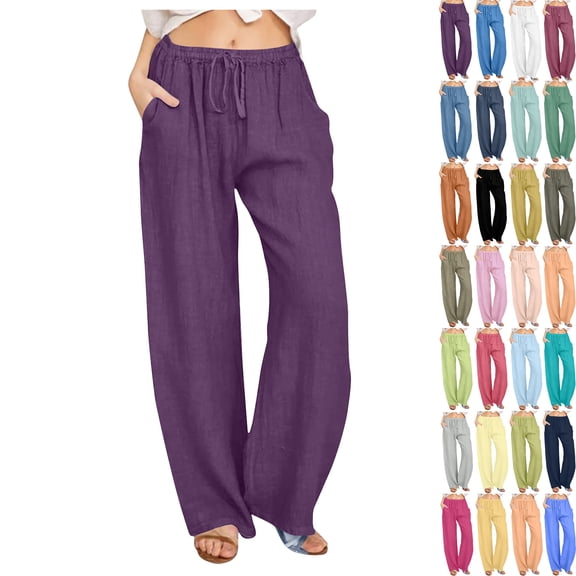 Under $15 Yteetum Loose Pants for Womens Cotton Linen Wide Leg Straight Leg Long Pants Ladies Loose Solid Drawstring Elastic High Waist Long Pants With Pocket M