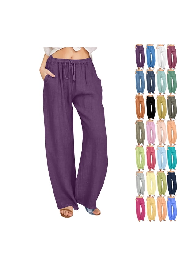 Under $15 Yteetum Loose Pants for Womens Cotton Linen Wide Leg Straight Leg Long Pants Ladies Loose Solid Drawstring Elastic High Waist Long Pants With Pocket M