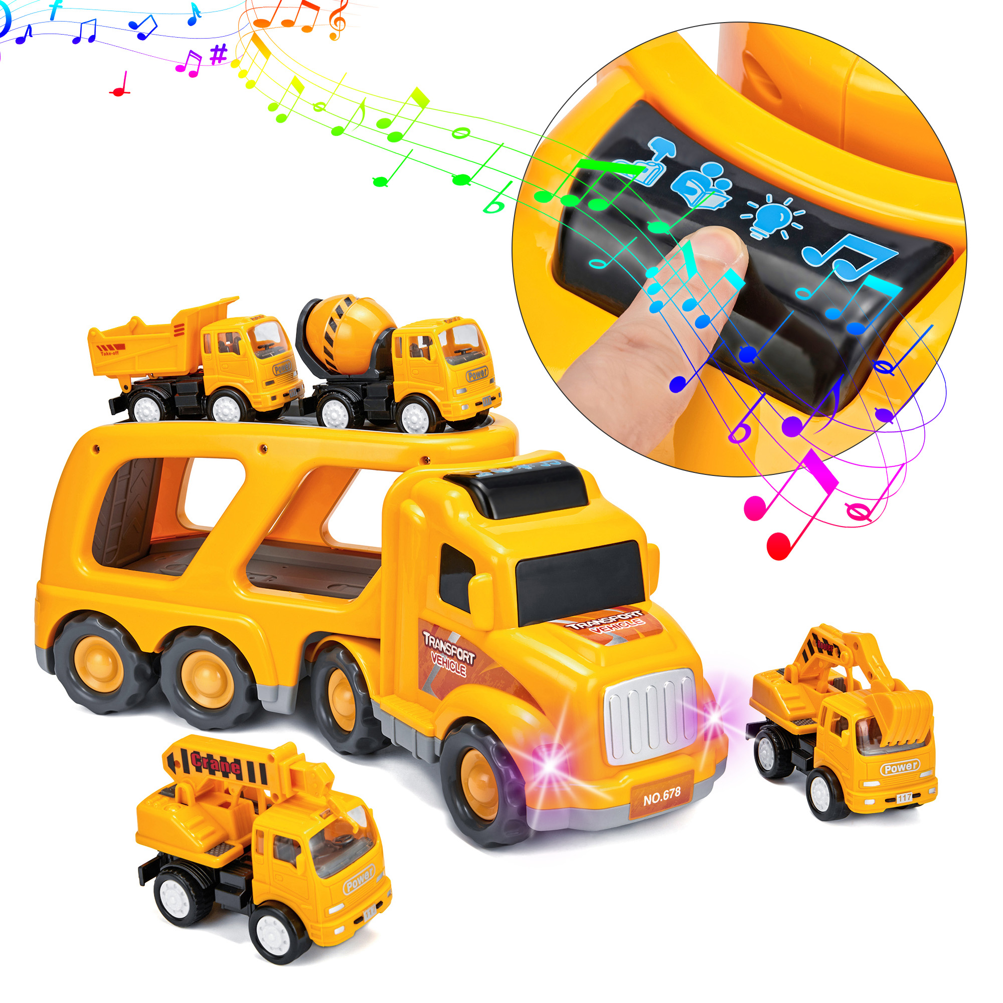 DODOING 5 in 1 Construction Truck Toys Vehicles Set,Transport Truck Carrier Toy with Excavator Mixer Crane Dump, Real Siren Brake Sounds & Lights, Removable Engineering Vehicle Parts - image 4 of 7