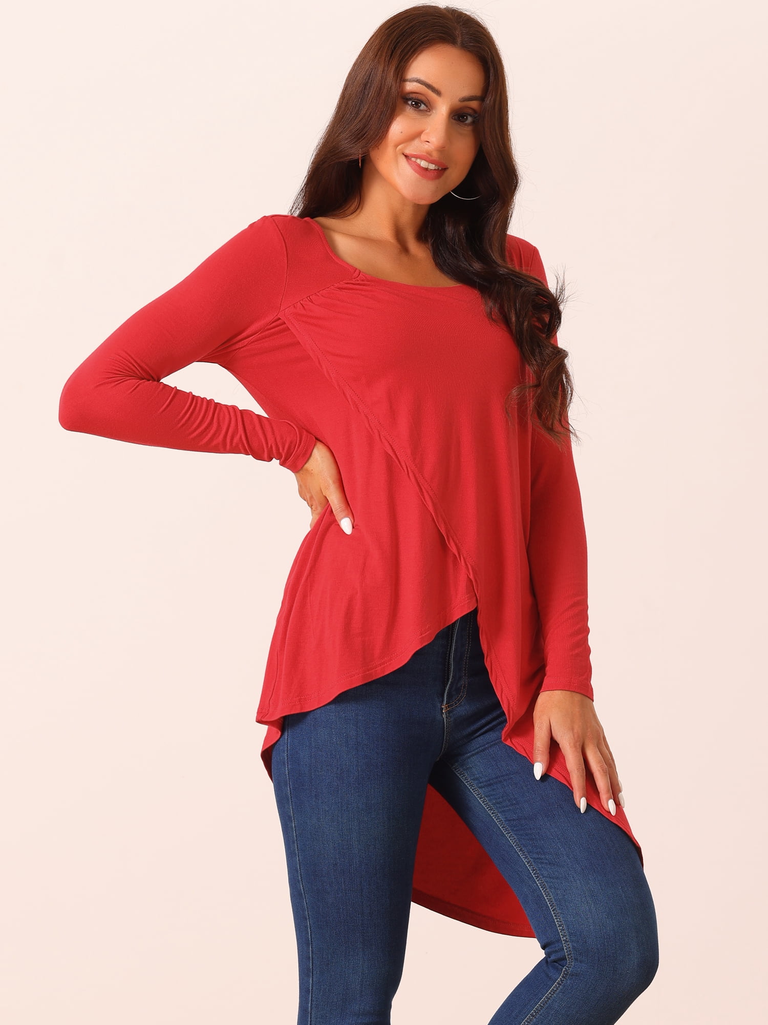 DARING DIVA Women's High Low Hem Long Sleeve Blouses L Red