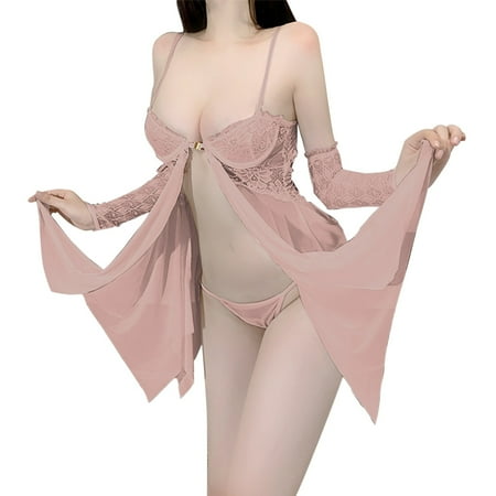 Midwennn Women Lingerie Lace Chemise Ruffle Nightgown Sleepwear Lingerie Bra