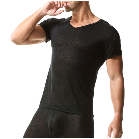 Men's Soft Undershirts Short Sleeve Tee Shirt Lightweight Lace Tops V-Neck Muscle Fit Undershirt