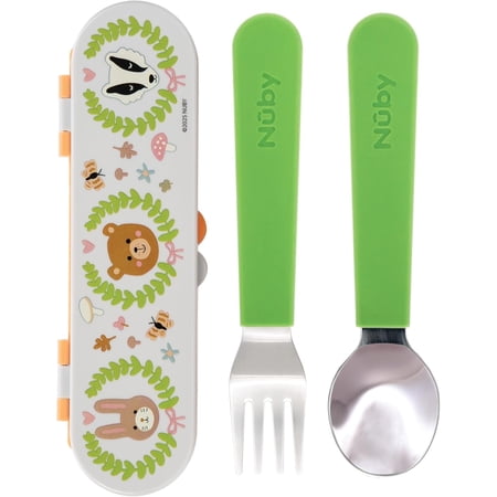 Nuby Stainless Toddler Fork & Spoon with Travel Case, Forest Animals
