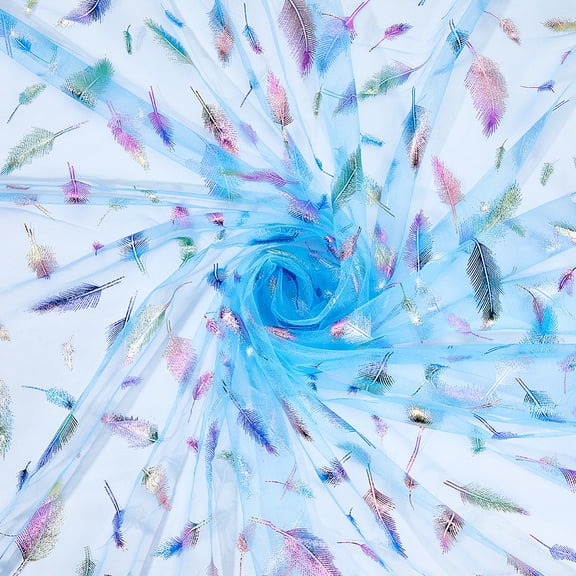 5 Yards 64 Inch Blue Feather Pattern Tulle Fabric Colorful Feathers Bronzing Printed Soft Lace Fabrics Plumage Print Nylon Cloth