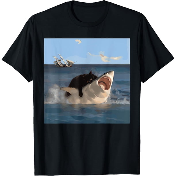 Cat Biting Shark - Camiseta divertida para gato y tiburón