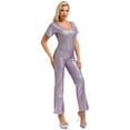thumbnail image 3 of Choomomo Women's Shiny Metallic Bell-Bottom Dance Jumpsuit Casual Playsuit Retro Disco Party Outfits Purple 160, 3 of 6