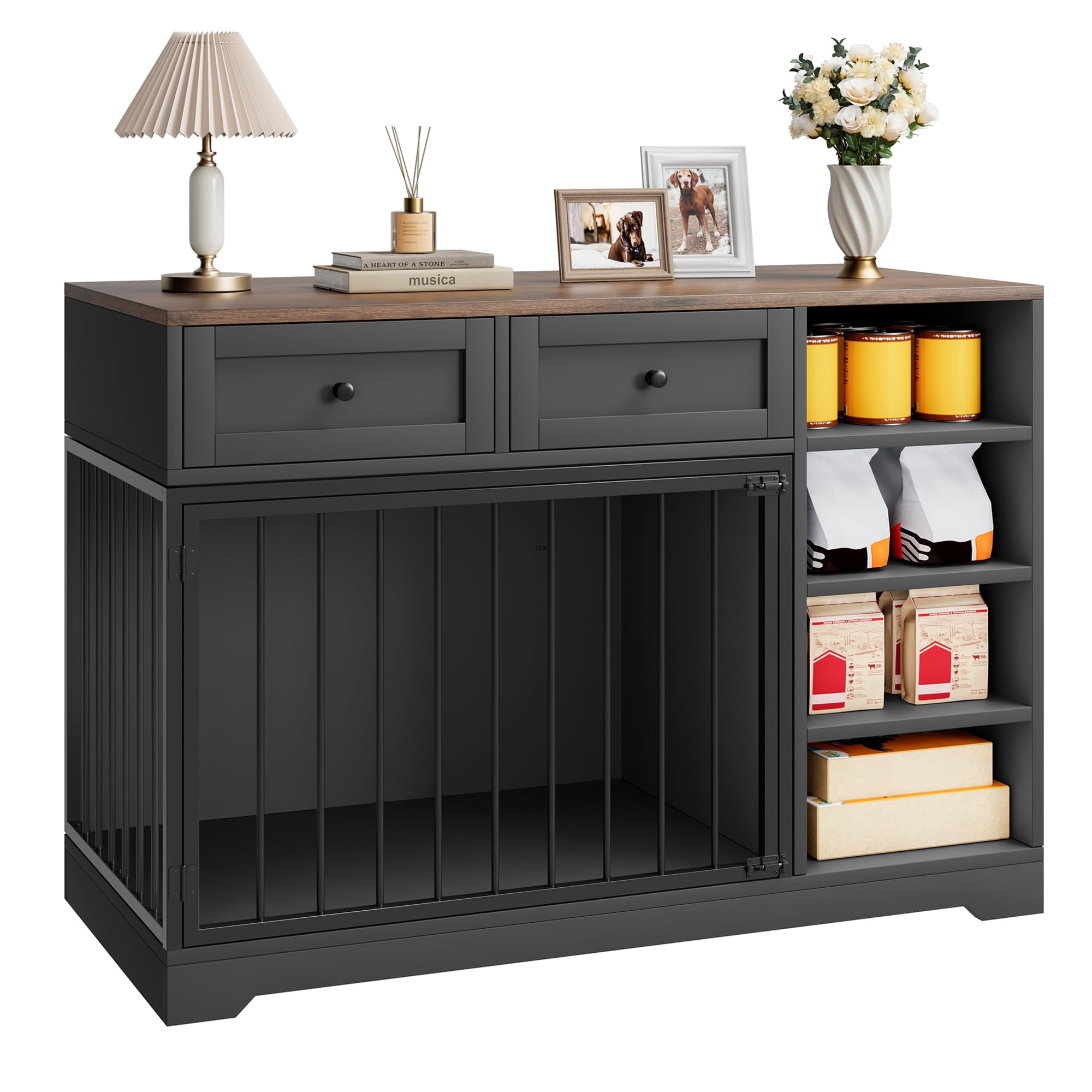 Litake Dog Crate Furniture 47”, Large Dog Crate TV Stand with 2 Drawers and 4 Shelves, Wooden Dog Kennel Indoor, Decorative Dog Cage with Storage for Large Dogs, Black