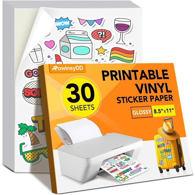 miduoudo-30 PCS Sticker Paper for Inkjet Printer, Printable Vinyl Sticker Paper Dries Quickly Vivid Colors, 8.5"x11" Tear Resistant Printable Vinyl, Glossy White, Inkjet & Laser Printer