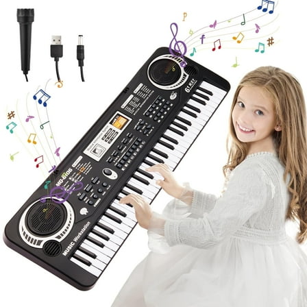 Gemeer 61 Key Electronic Piano Keyboard Toy for Kids, Baby Piano Toy with Microphone, Musical Instrument Toy Gift for 1-8 Year Old Boys and Girls, Black