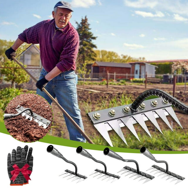 5/6/7/8 Teeth Carbon Steel Garden Weeding Rake,Heavy-Duty Durable Iron Weeding Rakes with a Pair of Gloves,Multifunctional Iron Rake for Weeding,Gardening,Backyard Lawn Loosening