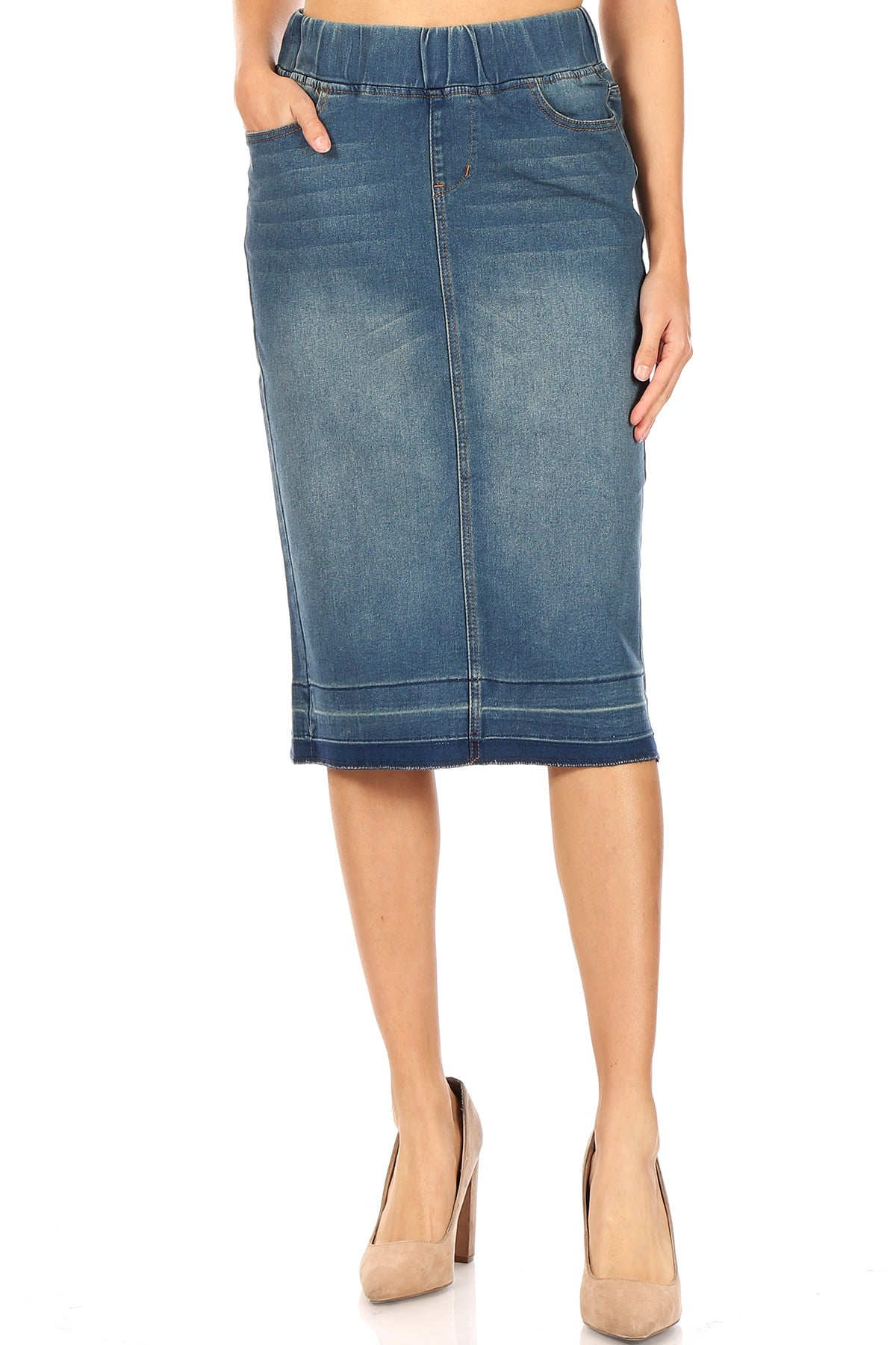 Fashion2love Women's Juniors/Plus Size High Waisted Shaping PullOn Stretch Denim Skirt