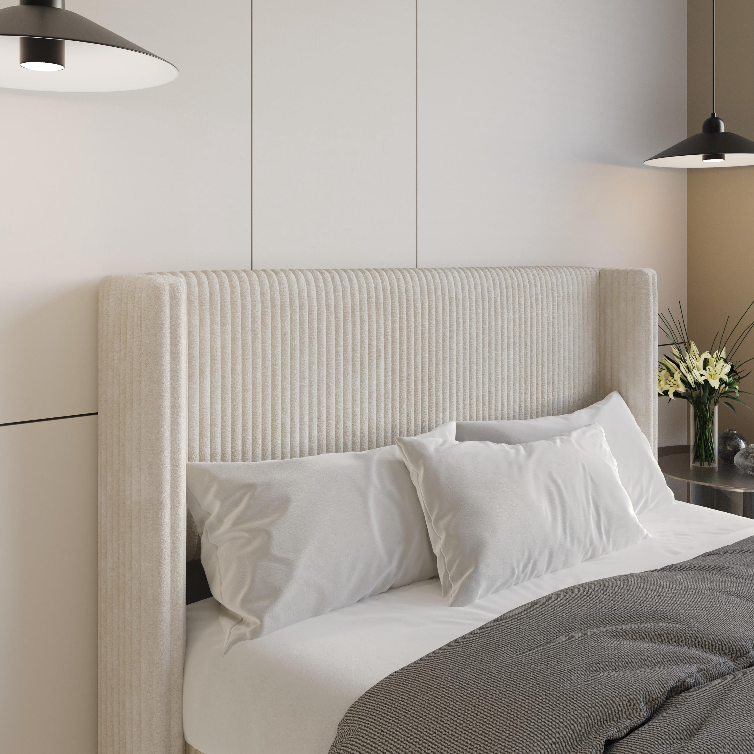 Home Design Lenox Full Upholstered Wingback Headboard, Soft Corduroy, Light Beige, Easy to Assemble