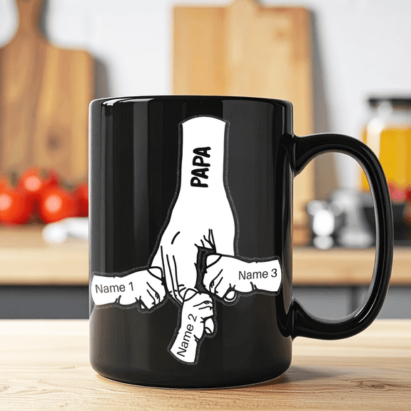 Lotusprinthandmade Customized Papa and Kids Name Black Ceramic Mug (11oz) (Made In US), father’s day gifts for papa, personalized papa coffee mug with kids names