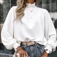 thumbnail image 2 of Women Long Sleeve High Neck Blouse Stylish Loose Pure Color Spring Autumn Women Pleated Ruffle Trim Puff Sleeve Shirt White L, 2 of 6