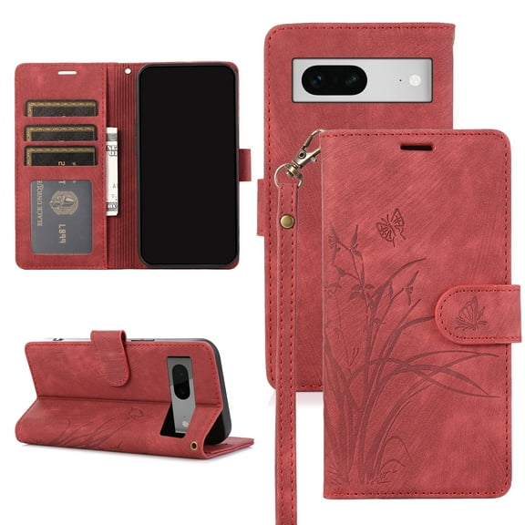 Wallet Flip Case for Google Pixel 8 with Stylish Orchid Butterflies Embossed Pattern, Premium PU Leather Kickstand Magnetic Clasp Shockproof Case with Card Holder & Wrist Strap, Red