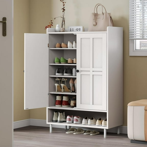 Shoe Storage Cabinet with Cross Molding Doors, 6-Tier Farmhouse Shoe Cabinet with 3 Adjustable Shelves and Metal Legs, 45'' Tall Shoes Rack Organizer Cabinet for Entryway, Front Door, White