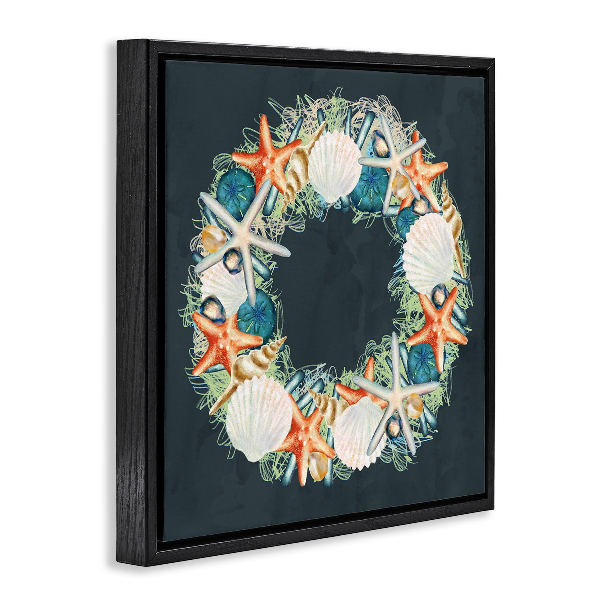 Stupell Industries Starfish and Nautical Seashell Wreath Animals & Insects Painting Black Floater Framed Canvas Art Print Wall Art, 18 x 18