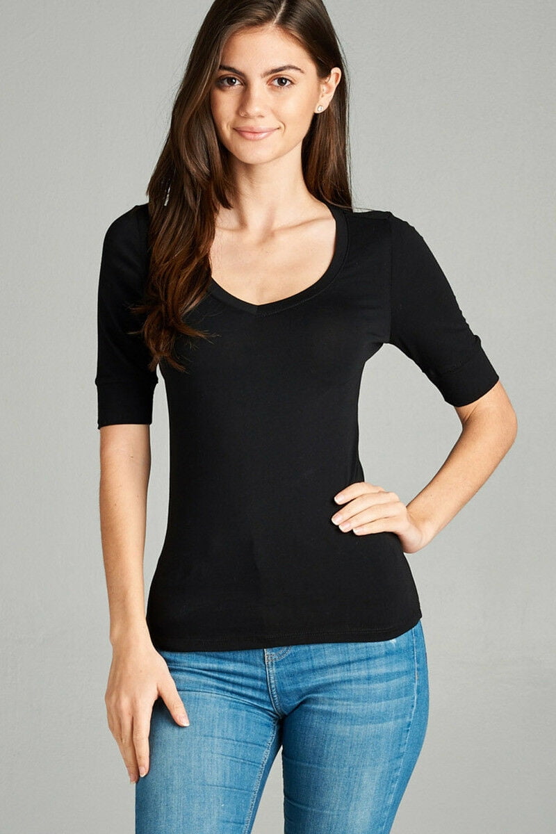 Active Basic - Women's Basic Elbow Sleeve V-Neck Short Sleeve T-Shirt ...