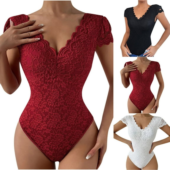 HAPIMO Women's One-Piece Tights Slim Jumpsuit Summer Sale Short Sleeve Deep V Neck Lace Crochet Elegant Comfy Solid Floral Trousers for Girls Fashion Black S