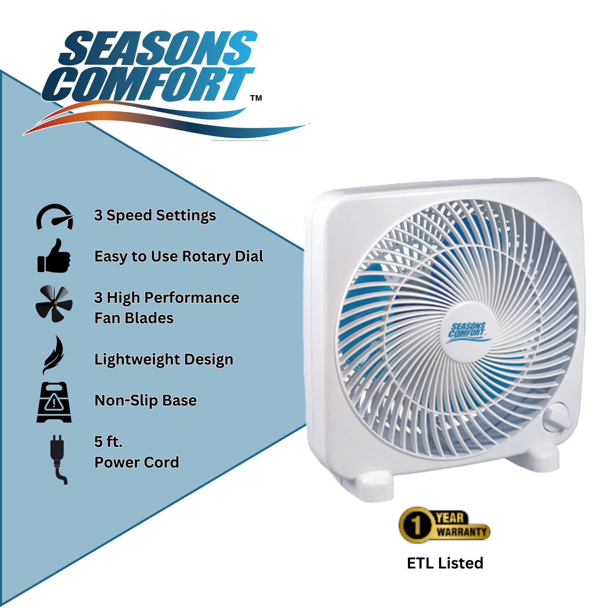Seasons Comfort 9-In. 3-Speed Personal Portable Box Fan, FBX9, White, FBX9