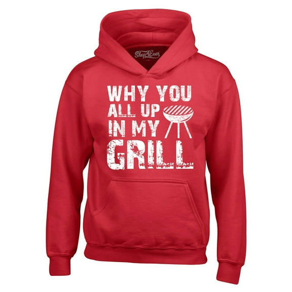 Shop4Ever Men's Why You All Up in My Grill Funny BBQ Hooded Sweatshirt Hoodie X-Large Red