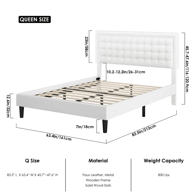 Homfa Queen Size Bed Button PU Leather Upholstered Platform Bed Frame with Adjustable Headboard White